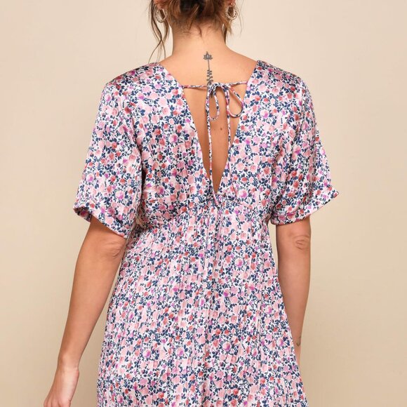 Lulus Express Yourself Blush Pink Floral Print Satin Babydoll Dress - Size S - Picture 2 of 2